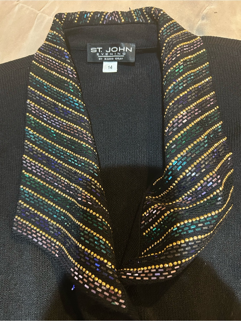 St. John Santana Knit 2pc Skirt Jacket Suit Black Pailettes Sz 12/14 - Picture 6 of 9